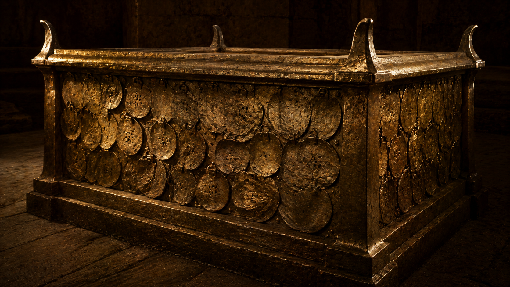 A bronze altar plated with flattened censers, evoking the warning sign made from Korah's rebels in Numbers 16:36-40