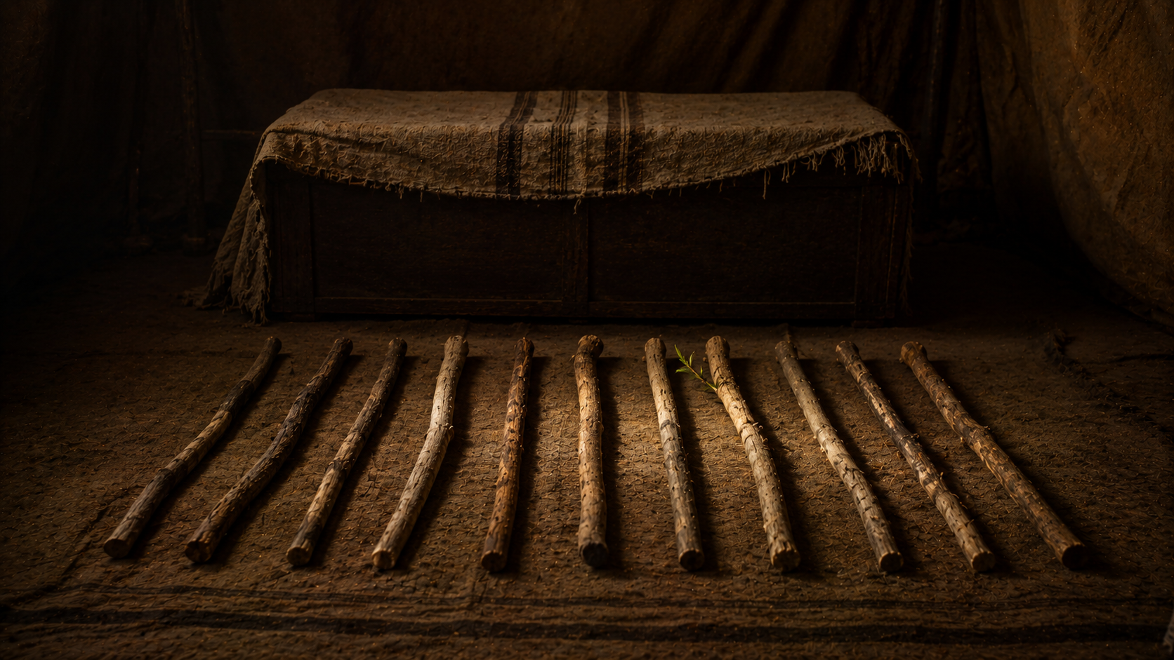Twelve staffs laid before a covered chest, one beginning to bud, evoking the test of Numbers 17