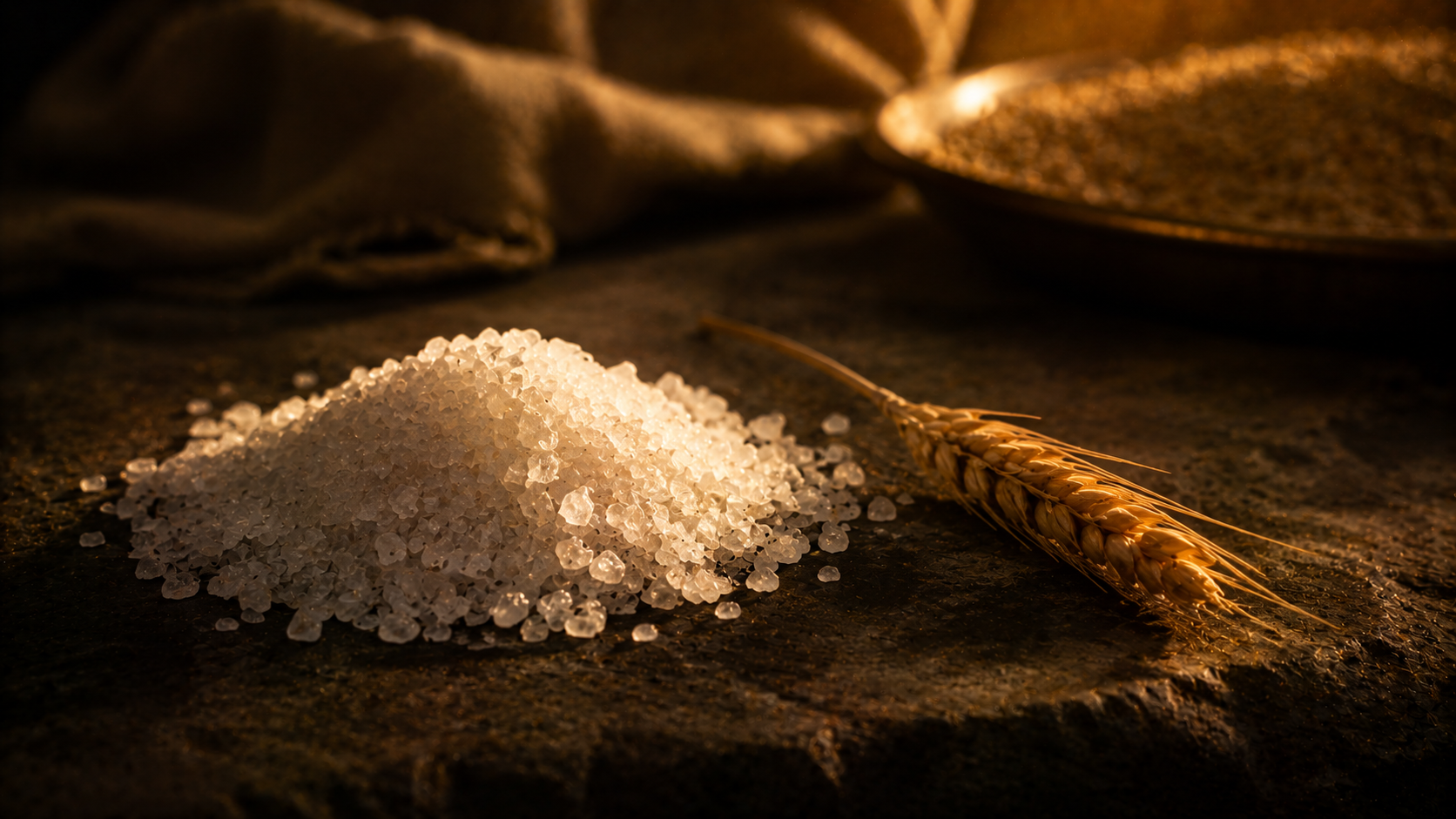Coarse salt crystals on dark stone beside an offering, evoking the covenant of salt in Numbers 18:19