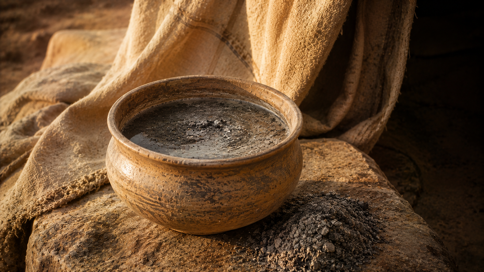 A jar of water mixed with ash on a stone, evoking the water of cleansing in Numbers 19
