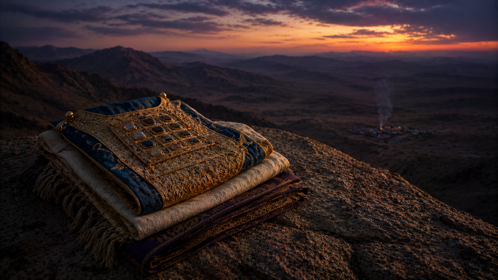 Priestly garments folded on bare rock atop a mountain at dusk, evoking the death of Aaron and the passing of the priesthood in Numbers 20