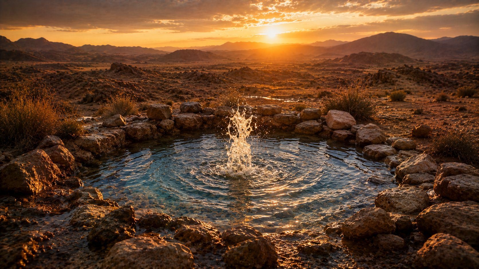 A spring rising in a desert hollow ringed by stones at golden hour, evoking the well song of Numbers 21:17