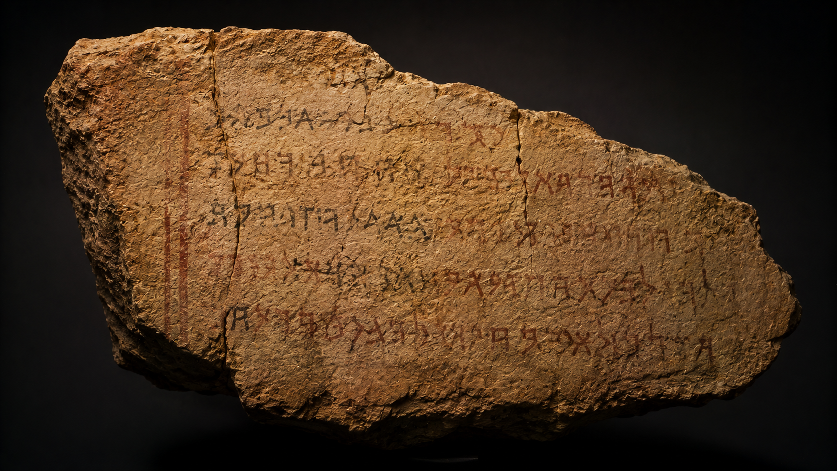 A fragment of ancient inscribed plaster wall, evoking the Deir Alla inscription that names Balaam son of Beor