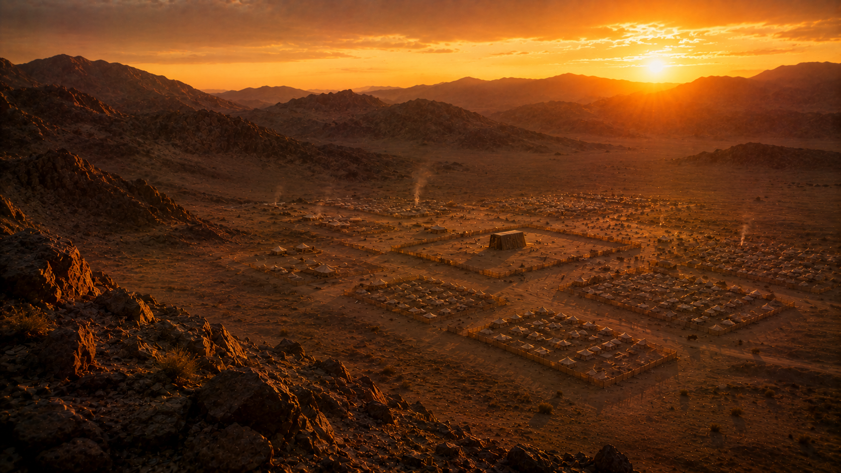 An orderly desert camp seen from a high ridge at golden hour, evoking Israel blessed unaware in Numbers 23