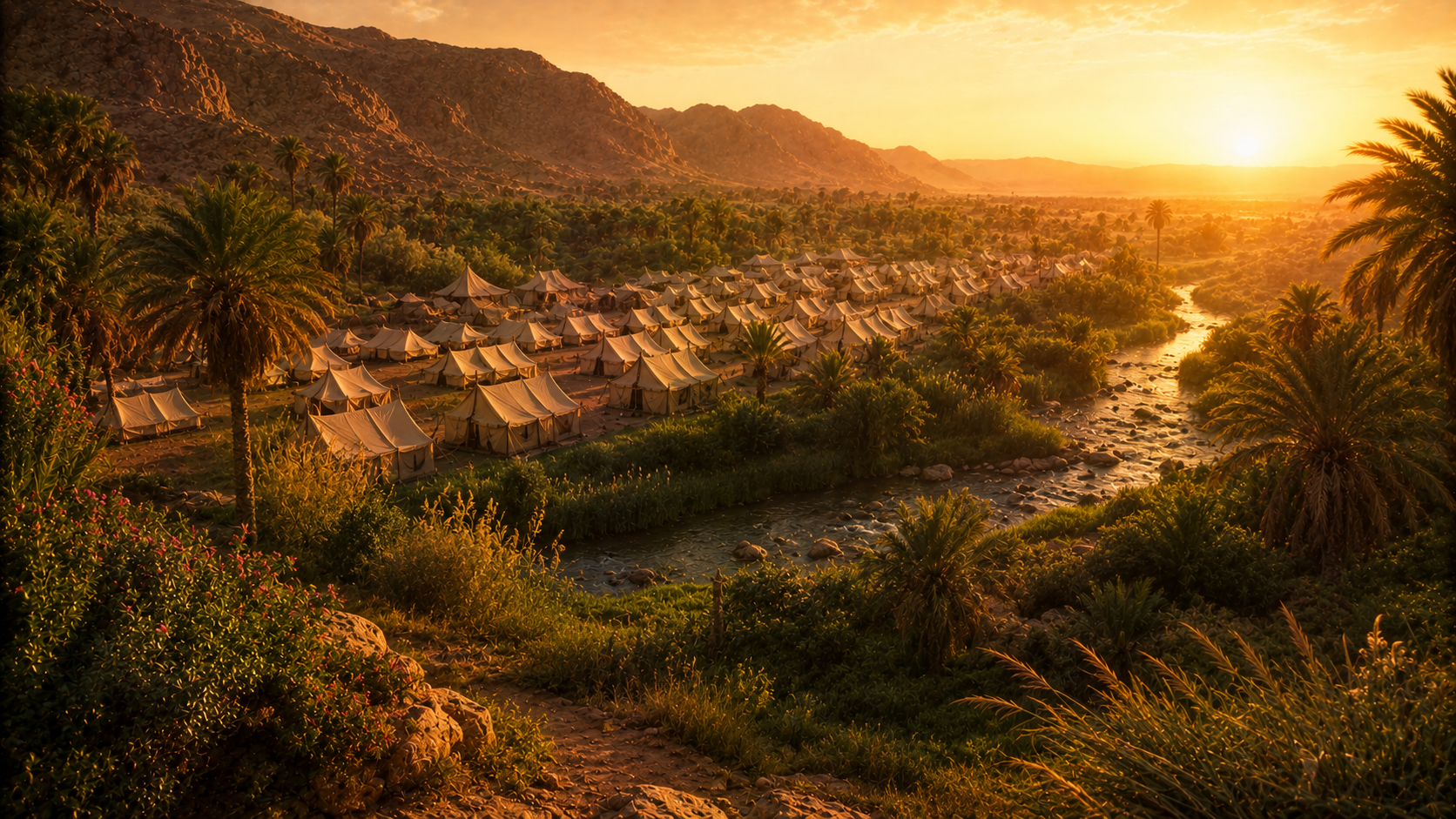 Tents in a well-watered oasis at golden hour, evoking how lovely are your tents O Jacob in Numbers 24:5