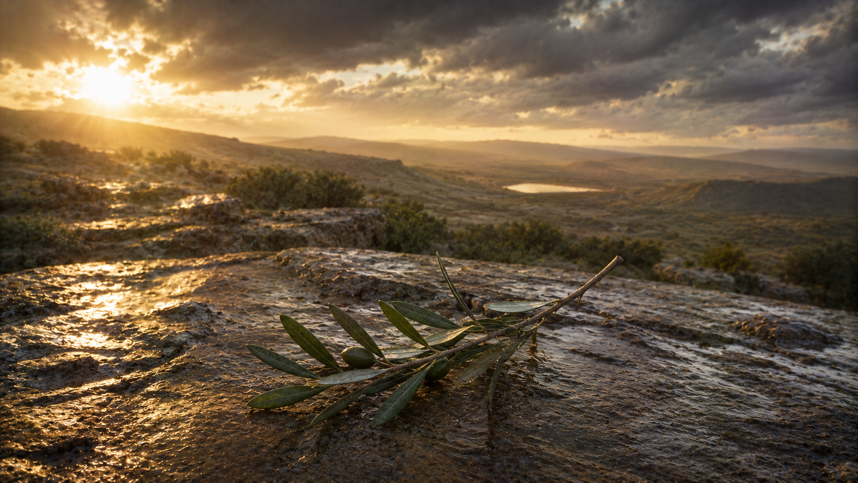 An olive branch on stone under a clearing sky, evoking the covenant of peace in Numbers 25
