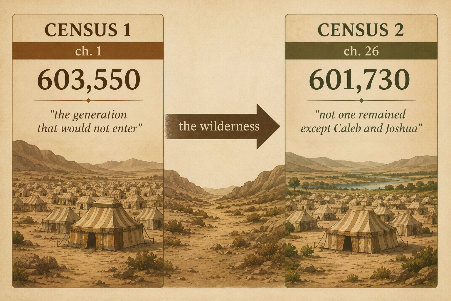 A diagram comparing the first and second censuses of Numbers, with the wilderness between them