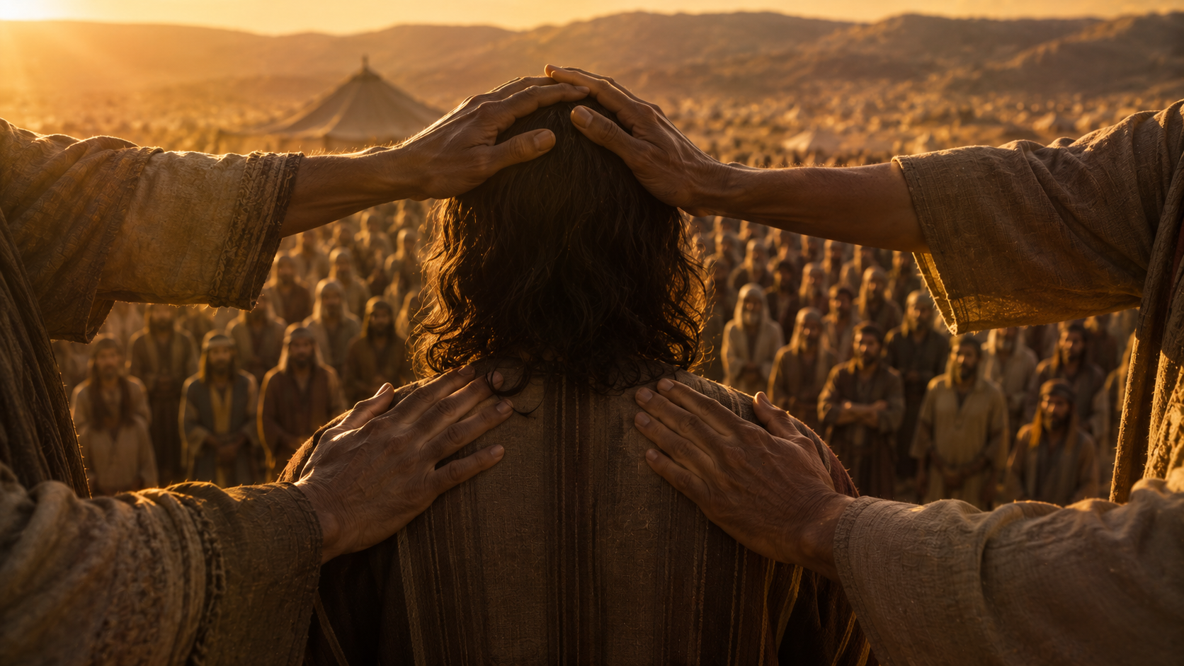Hands laid on a figure before an assembly, evoking the commissioning of Joshua in Numbers 27