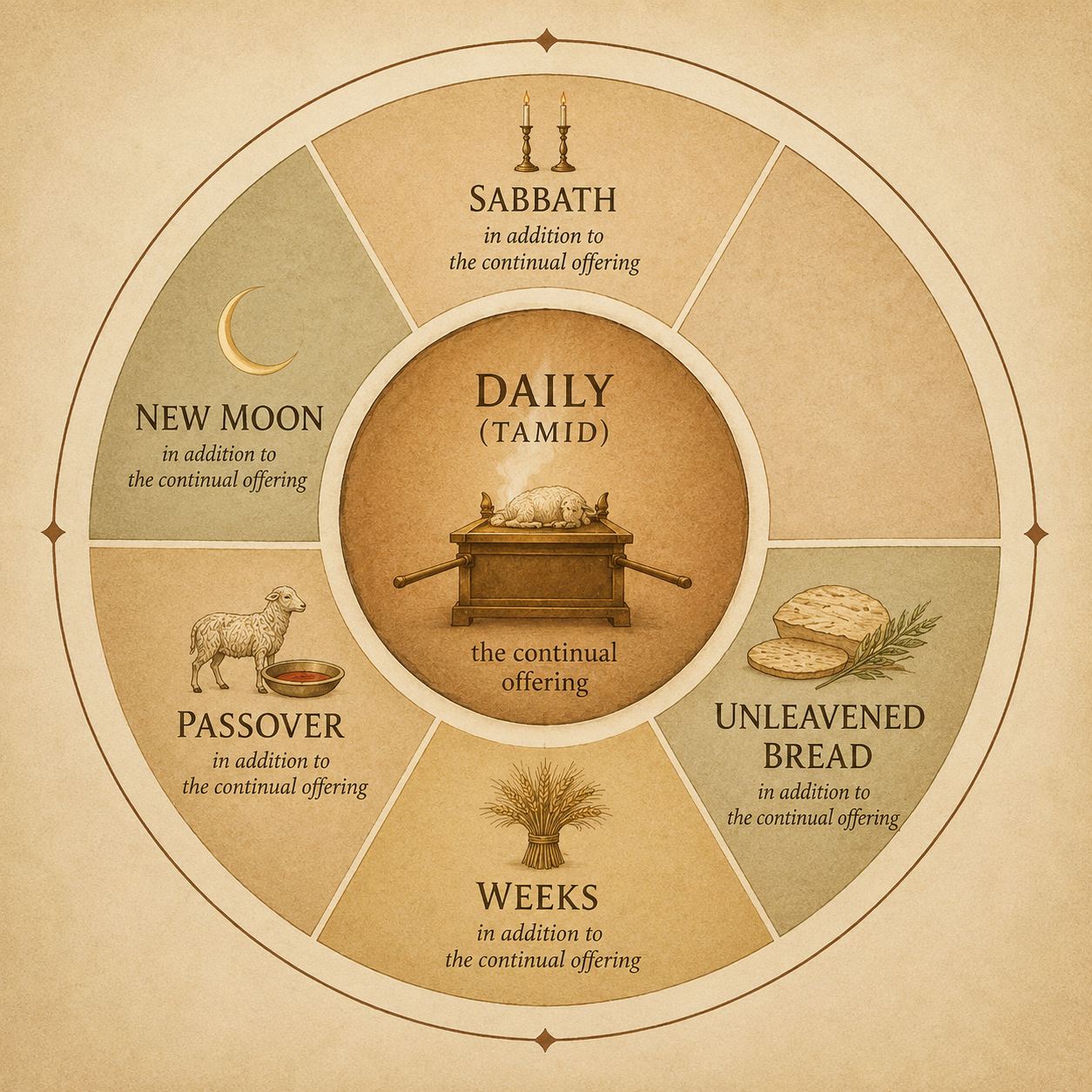 A diagram of the layered calendar of offerings in Numbers 28, with the daily tamid at the center