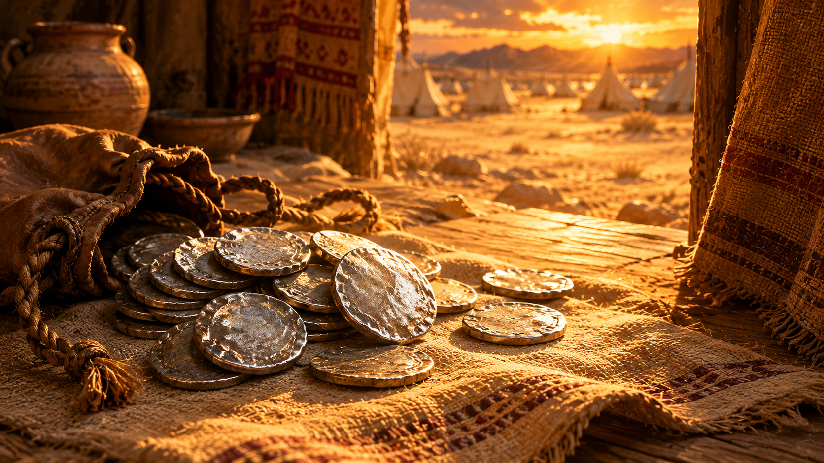 Silver shekels on rough cloth at a tent threshold, evoking the redemption of the surplus firstborn in Numbers 3