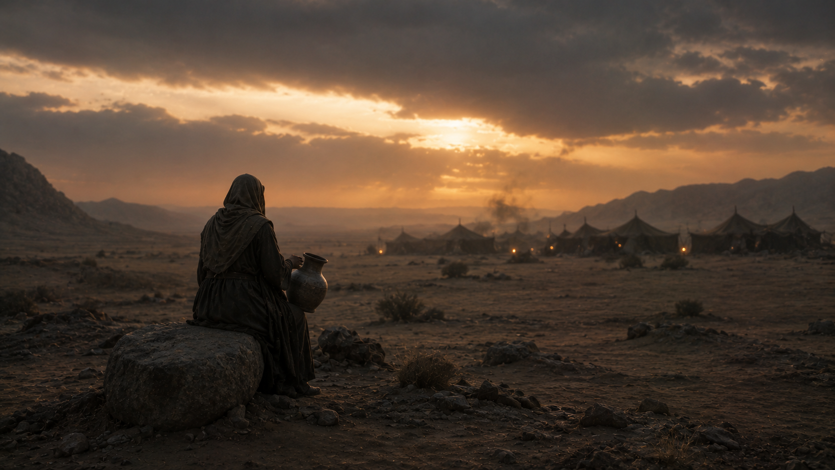 A solitary figure with a water vessel waiting outside a camp at dusk, evoking the warriors' purification in Numbers 31:19