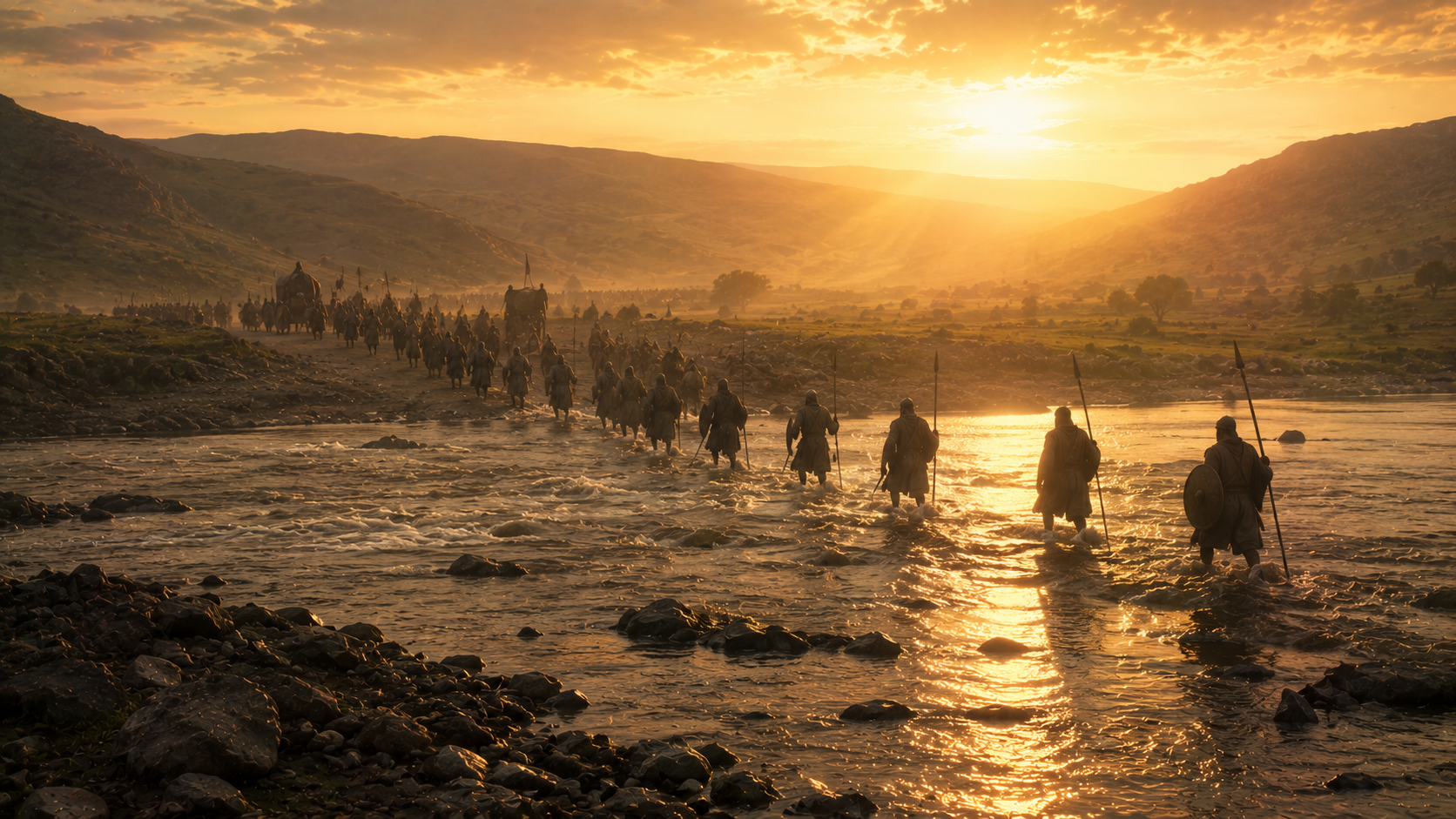 Armed figures crossing a river ford ahead of a column at dawn, evoking the Transjordan tribes' pledge in Numbers 32