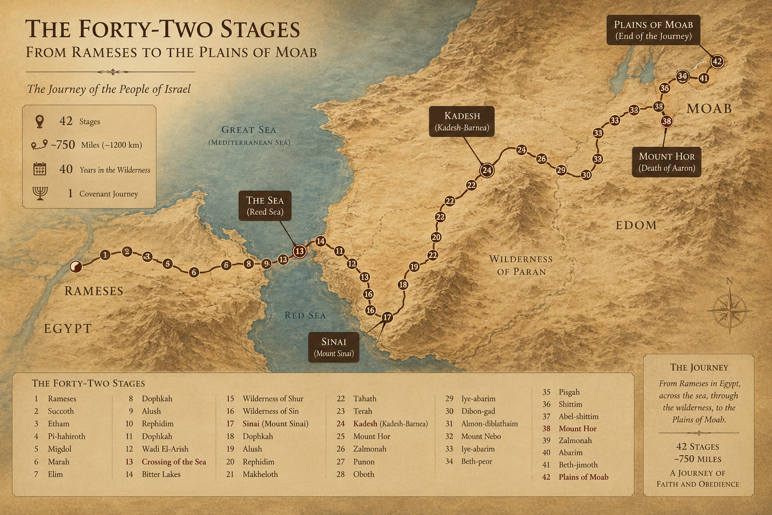 A route diagram of the forty-two stages of the wilderness journey from Egypt to the plains of Moab