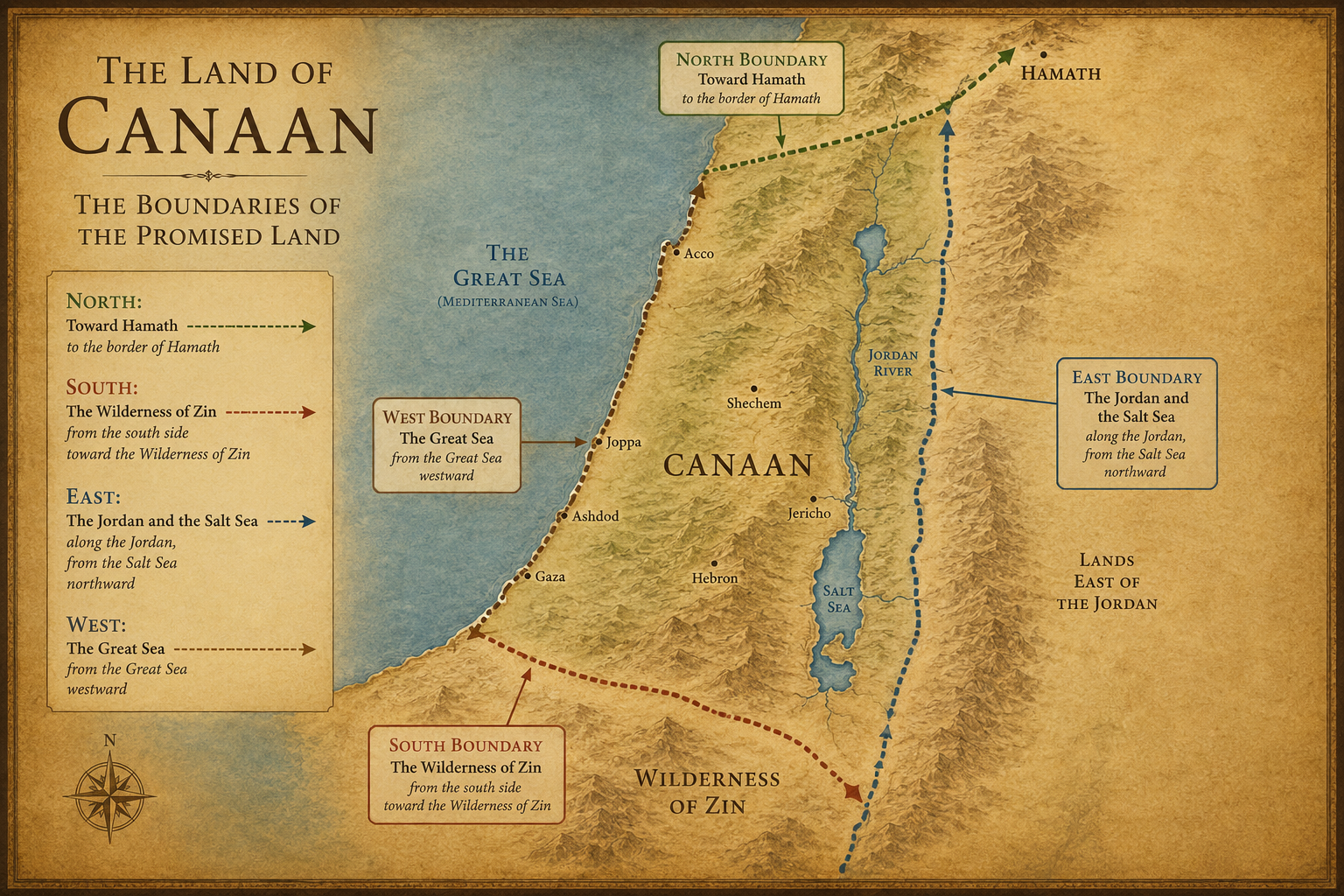 A map of Canaan showing the four boundaries described in Numbers 34
