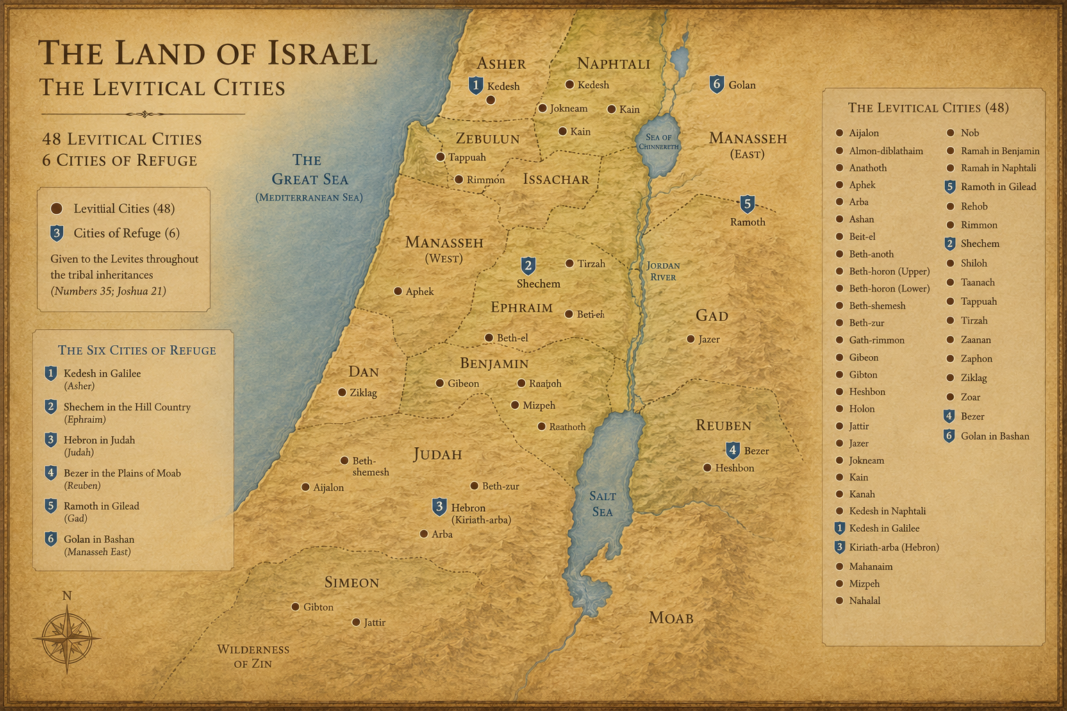 A map showing the forty-eight Levitical cities scattered across the land, six marked as cities of refuge