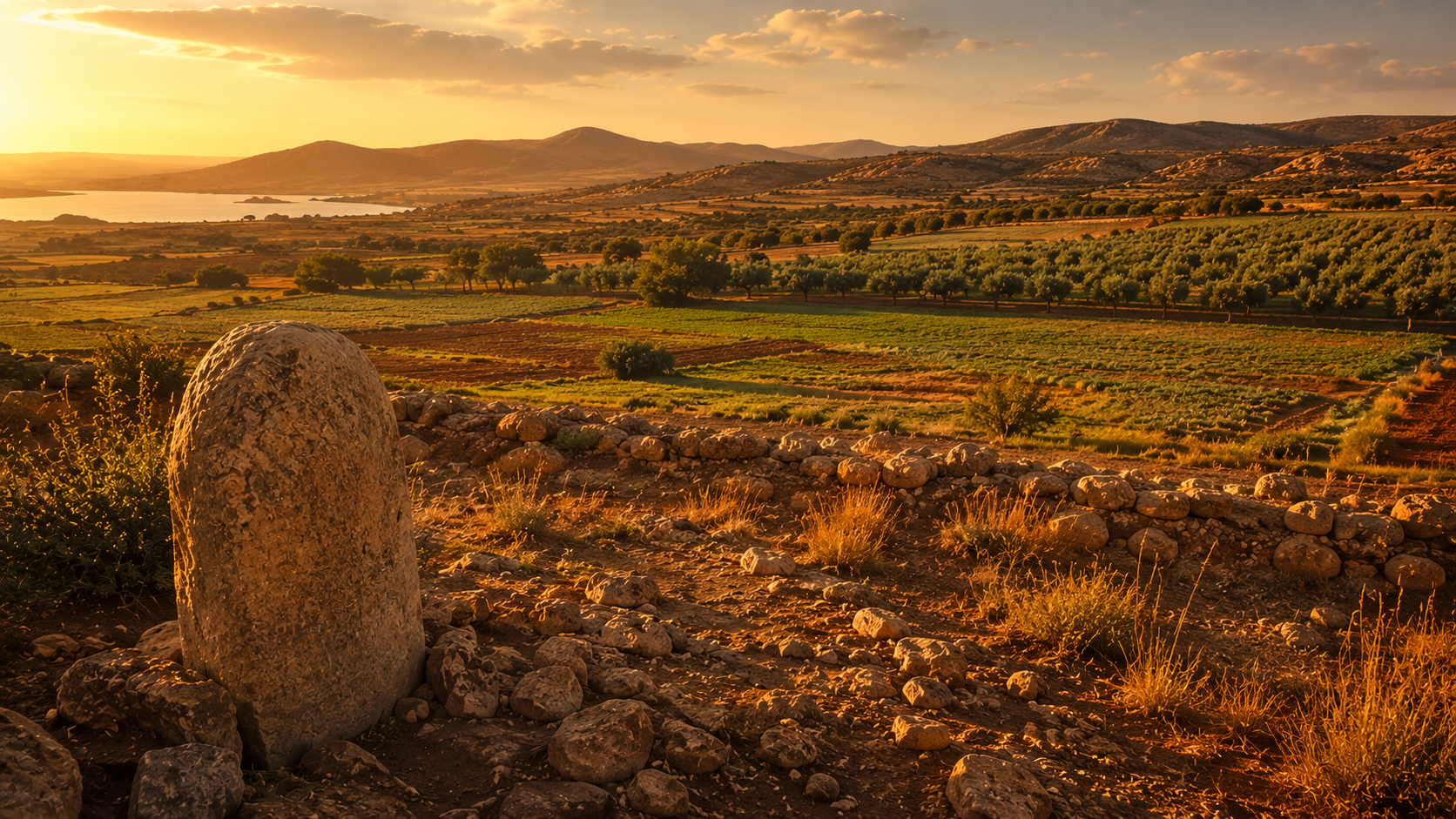 A plot of land with a boundary stone at golden hour, evoking the inheritance kept in the tribe in Numbers 36