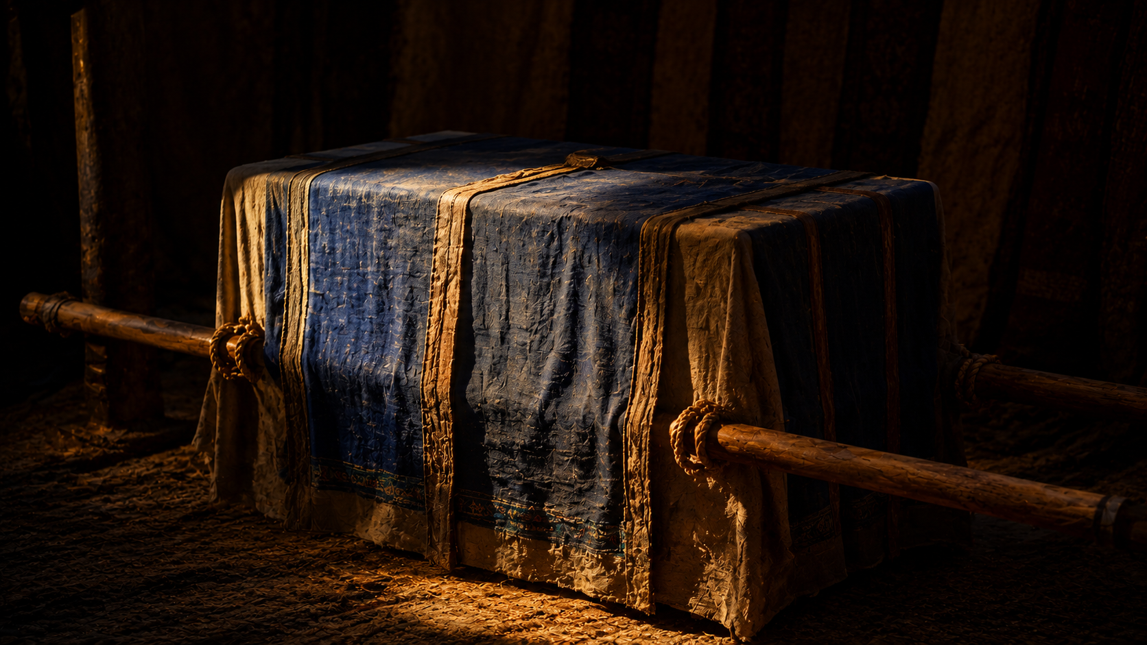 A pole-carried object fully wrapped in cloth in shadow, evoking the covered ark of Numbers 4:5-15
