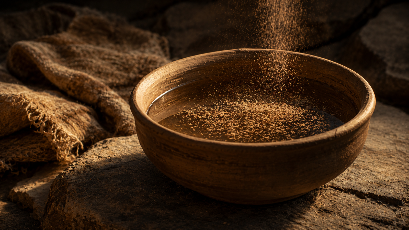 A vessel of water with dust being added, evoking the water of bitterness in the sotah ritual of Numbers 5