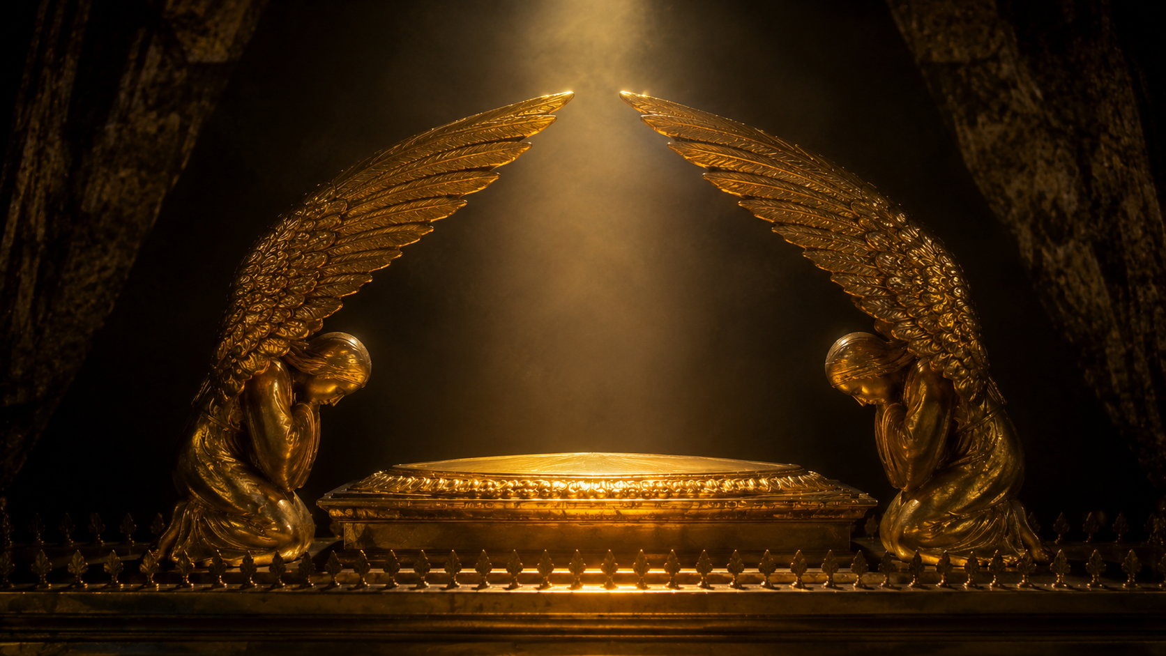 The lit space between two winged figures above a golden cover, evoking the voice from the mercy seat in Numbers 7:89