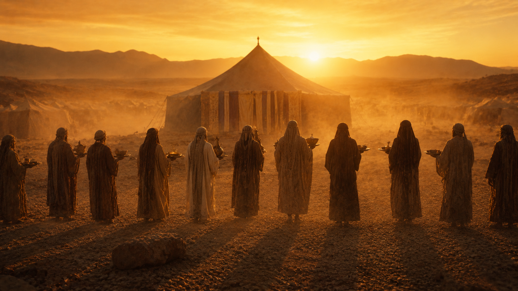 Distant silhouetted figures presented before the tent at dawn, evoking the Levites offered as a wave offering in Numbers 8
