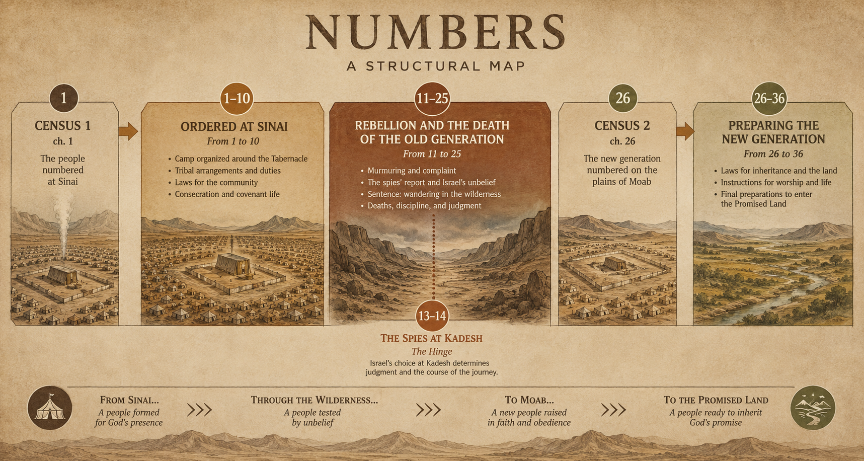 Structural diagram of the book of Numbers showing the two censuses framing three movements: ordering at Sinai, the rebellions and the death of the first generation, and the preparation of the new generation on the plains of Moab