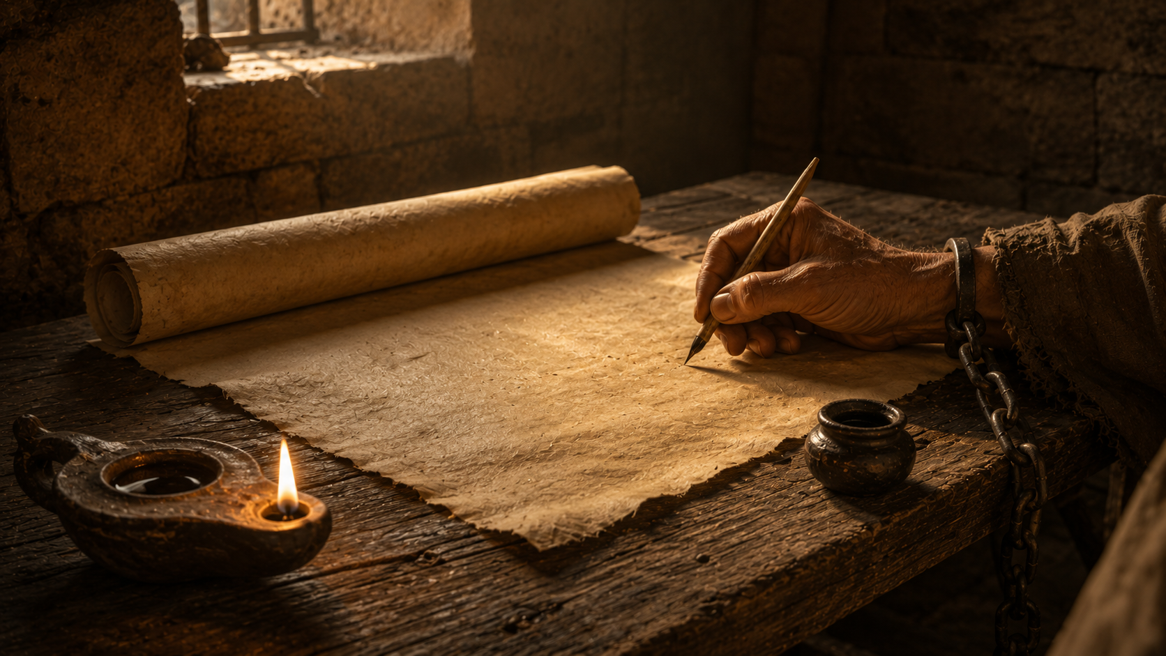 A close-up of a worn parchment scroll on a wooden writing-table in a 1st-century Roman prison room with a single weathered hand and an iron chain visible at the edge of the frame, evoking Paul's own-hand IOU in Philemon 18-19