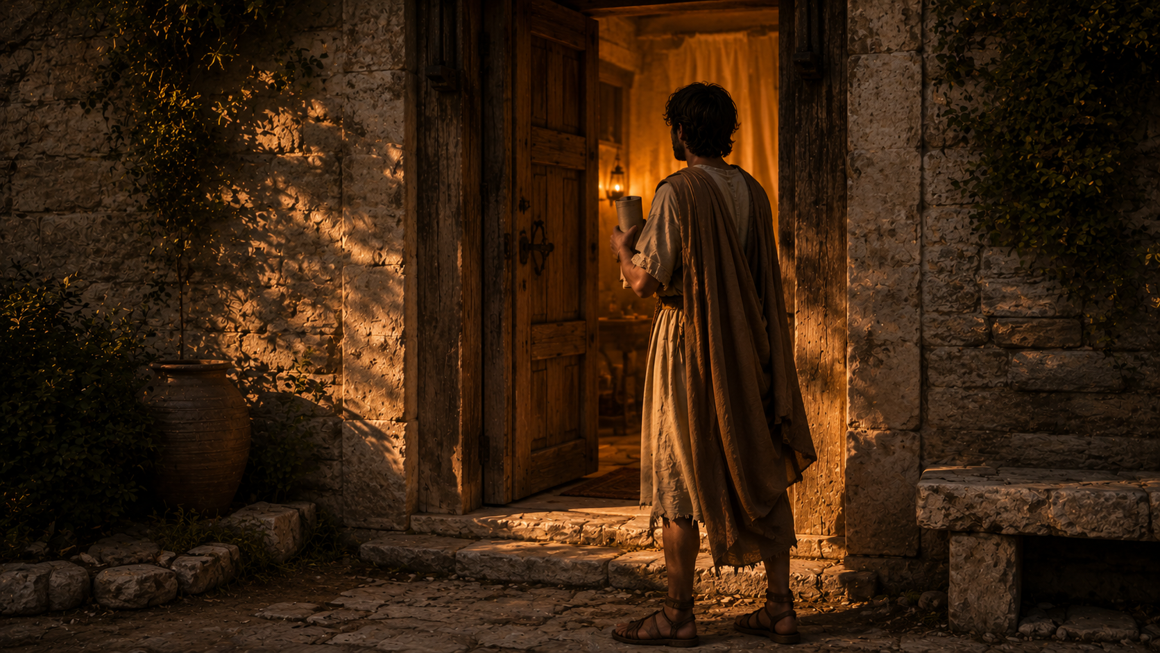 A faceless figure of a younger man in travel-stained linen holding a leather scroll-case at the open doorway of a 1st-century Roman provincial home in the Lycus Valley at golden hour, evoking Onesimus returning to Philemon's house carrying the letter that asks for his own welcome
