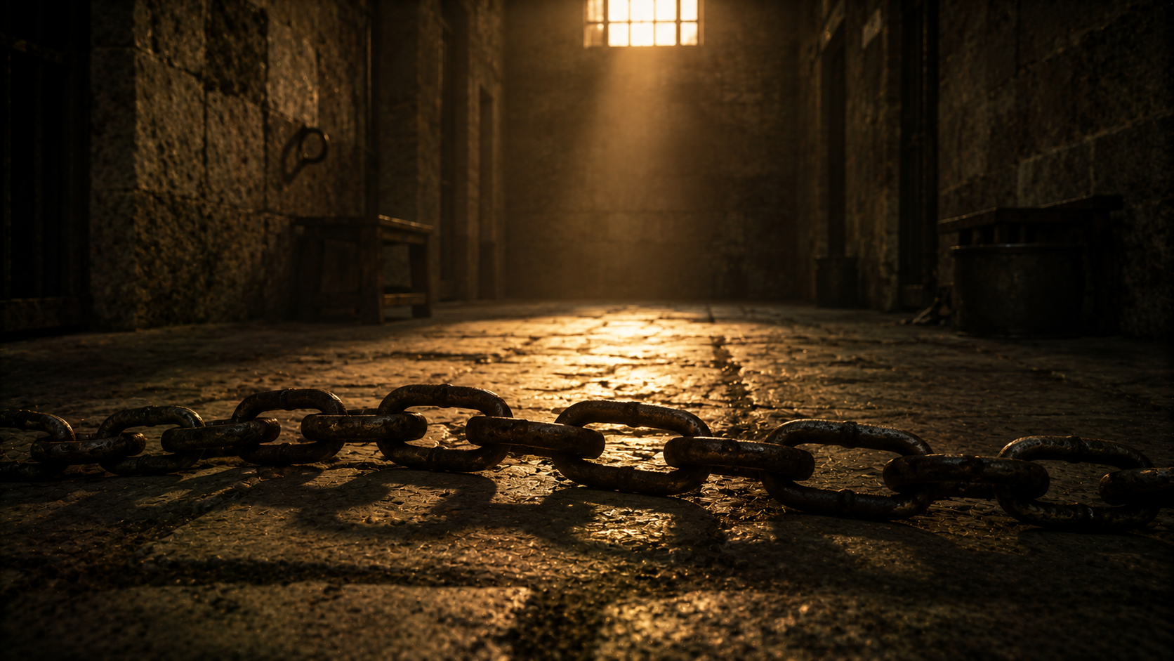 A long stone corridor of a Roman praetorian barracks with shackles on a wall and faint torchlight beyond, evoking Paul's chains in the imperial guard's quarters in Philippians 1:13