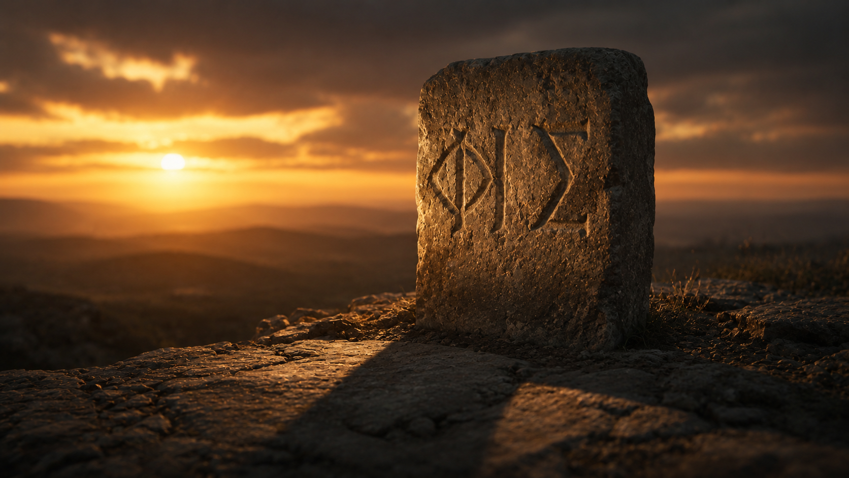 A weathered stone marker on a low ridge at dusk with a long shadow cast across the foreground, evoking the name above every name in Philippians 2:9-11