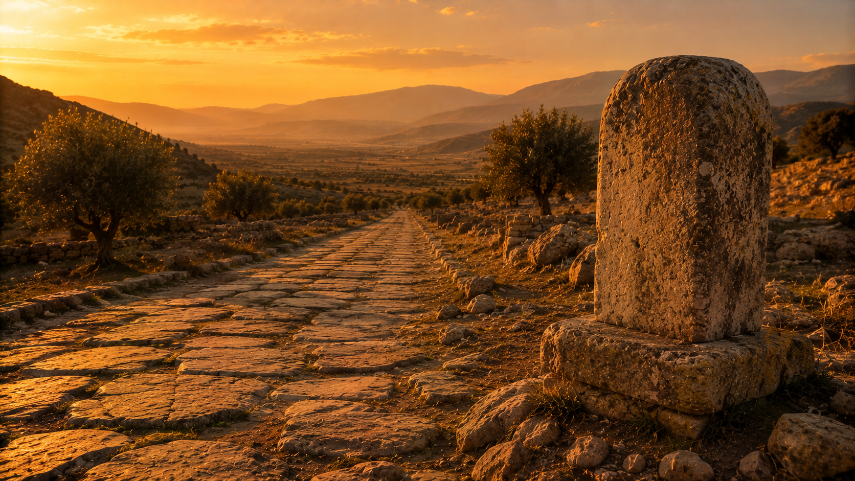 A worn Roman milestone beside the Via Egnatia at golden hour, evoking the imperial road that linked Philippi to the rest of the empire and the colony's outward-facing geography