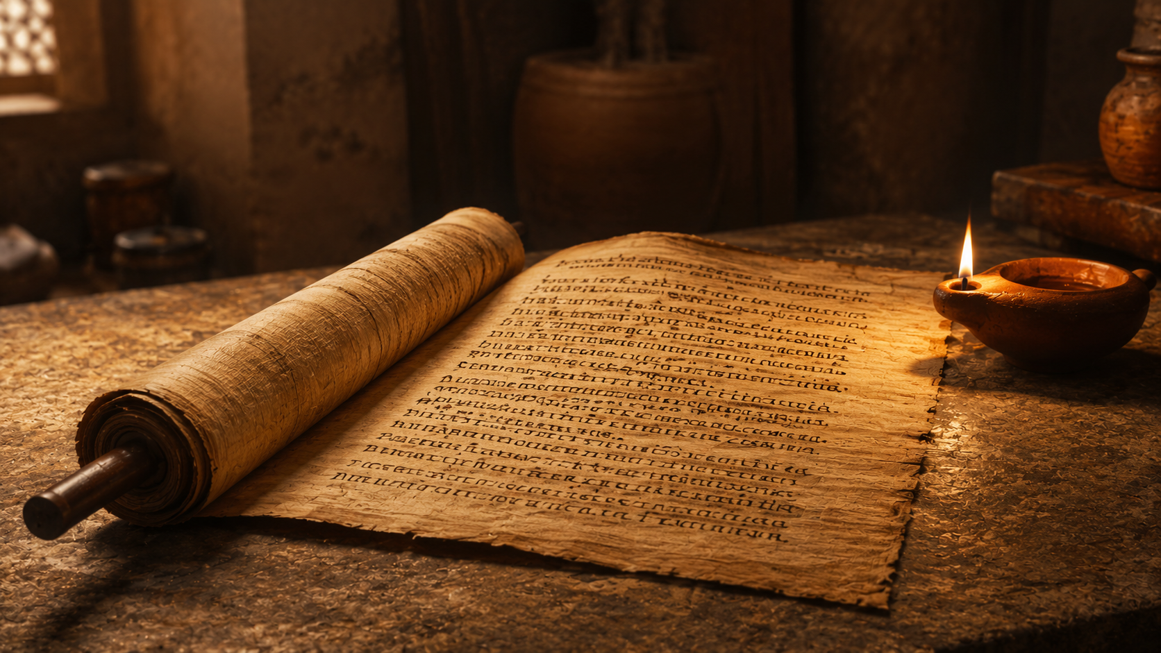 A papyrus scroll partially unrolled on a stone table in lamplight, evoking Paul's letter being read in the Roman house churches