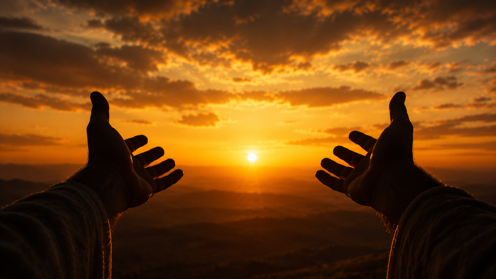 Outstretched hands silhouetted against a sunset sky, evoking YHWH's outstretched hands toward a disobedient people at Romans 10:21