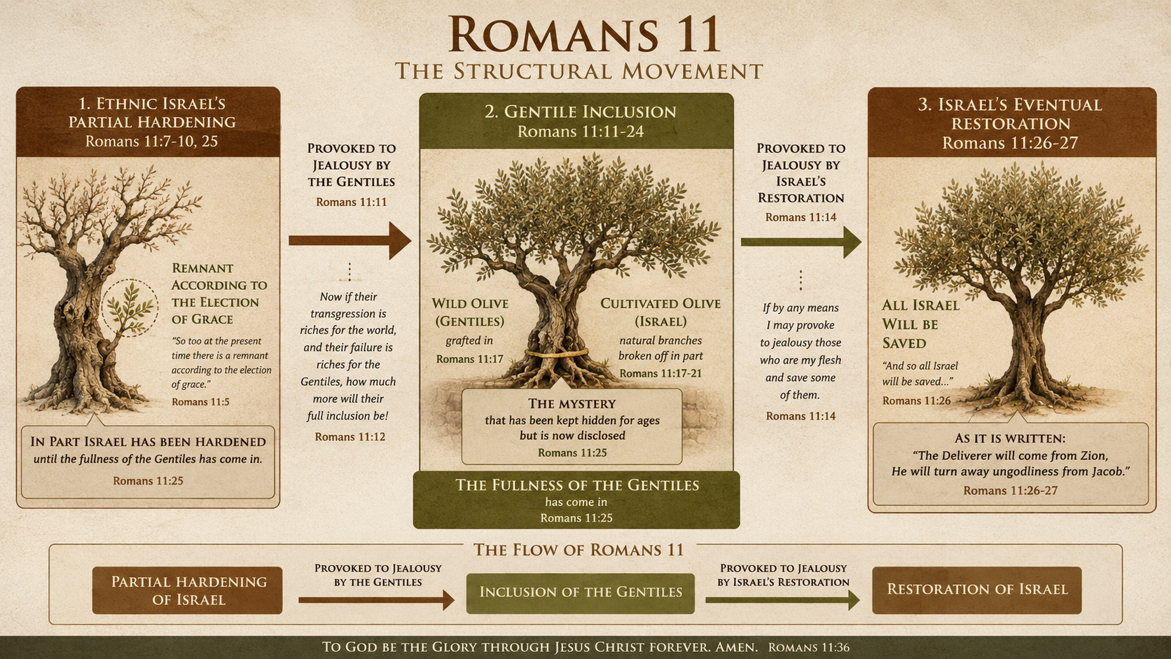 Diagram of Romans 11's eschatological structure showing Israel's hardening, gentile inclusion, and Israel's restoration