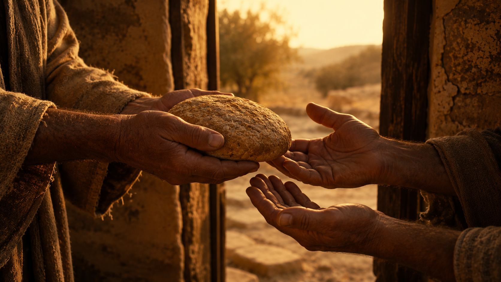 Two pairs of hands offering bread to one another at a threshold, evoking the cruciform community ethics of Romans 12