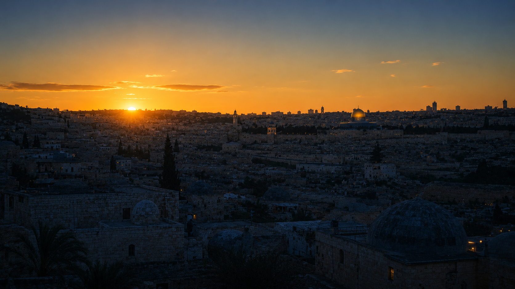 Dawn breaking over an ancient city skyline, evoking *the night is far gone, the day is at hand* at Romans 13:12