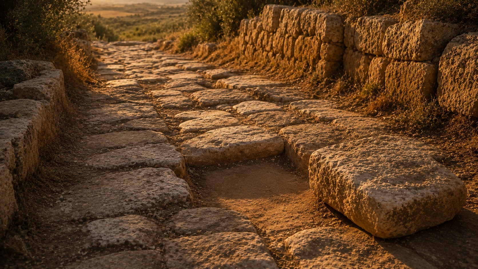 An ancient stone path with a removed stone leaving the path clearer, evoking the call to remove stumbling blocks at Romans 14:13