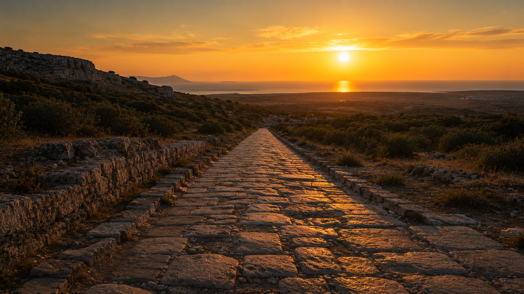 A road heading west into a Mediterranean sunset, evoking Paul's planned mission to Spain via Rome at Romans 15:24