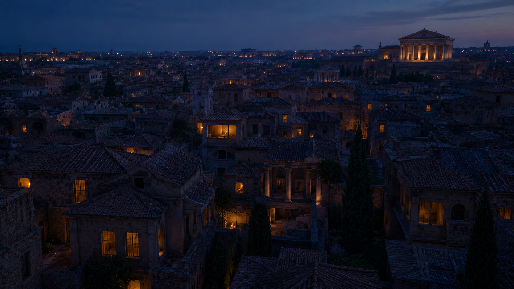 A Roman city at twilight with multiple lit windows suggesting separate house-church gatherings, evoking the Roman house-church network of Romans 16