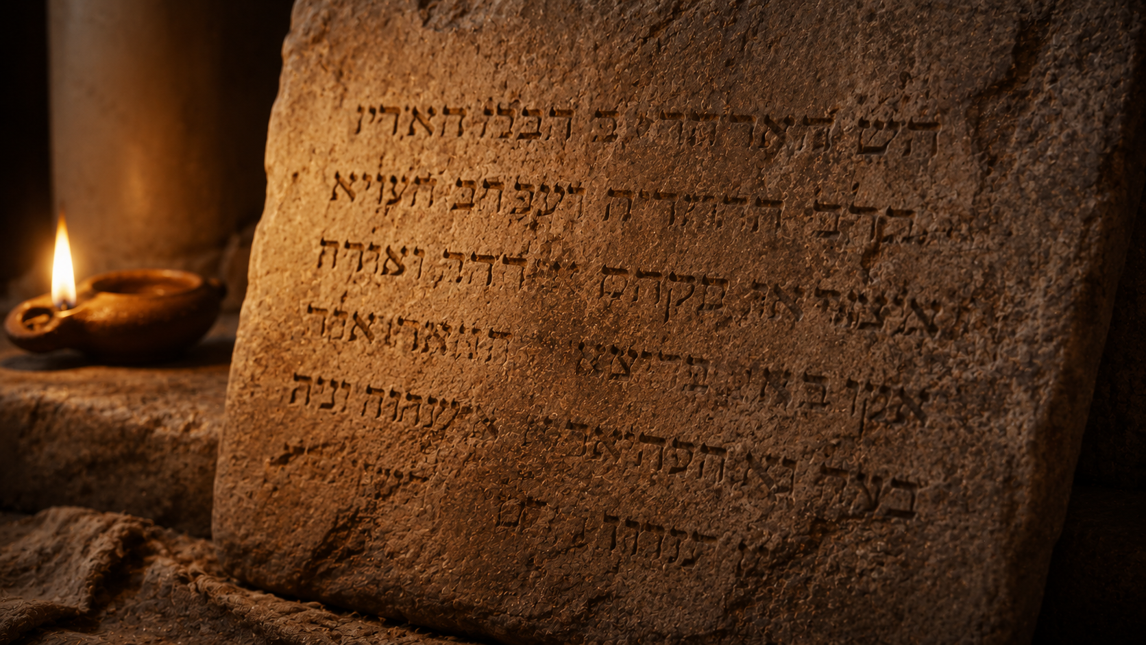 A stone tablet with Hebrew calligraphy partially worn in lamplight, evoking the work of the law written in the heart at Romans 2:15