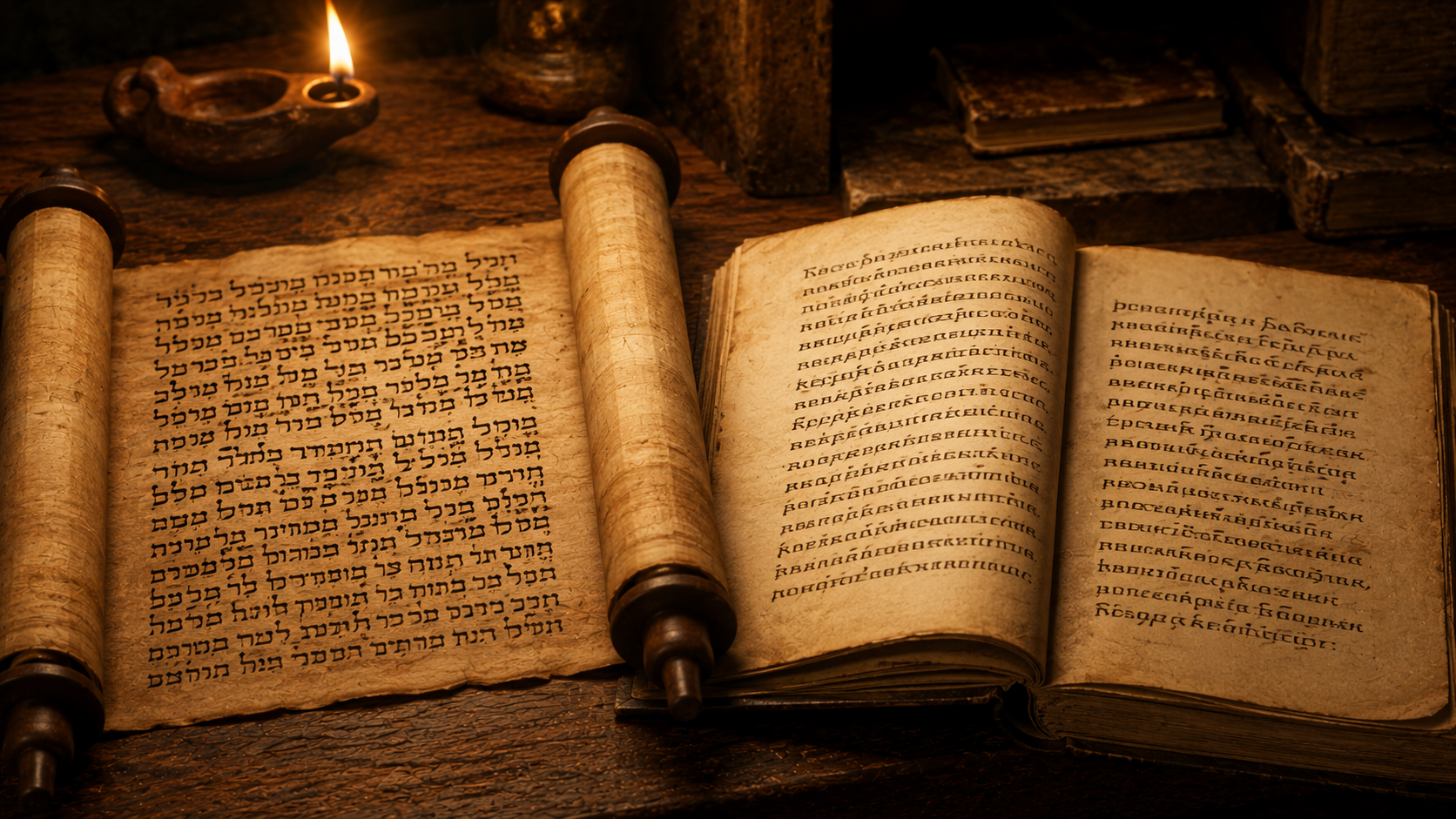 A Hebrew scroll and a Greek codex side by side in lamplight, evoking the catena of Hebrew Bible quotations at Romans 3:10-18