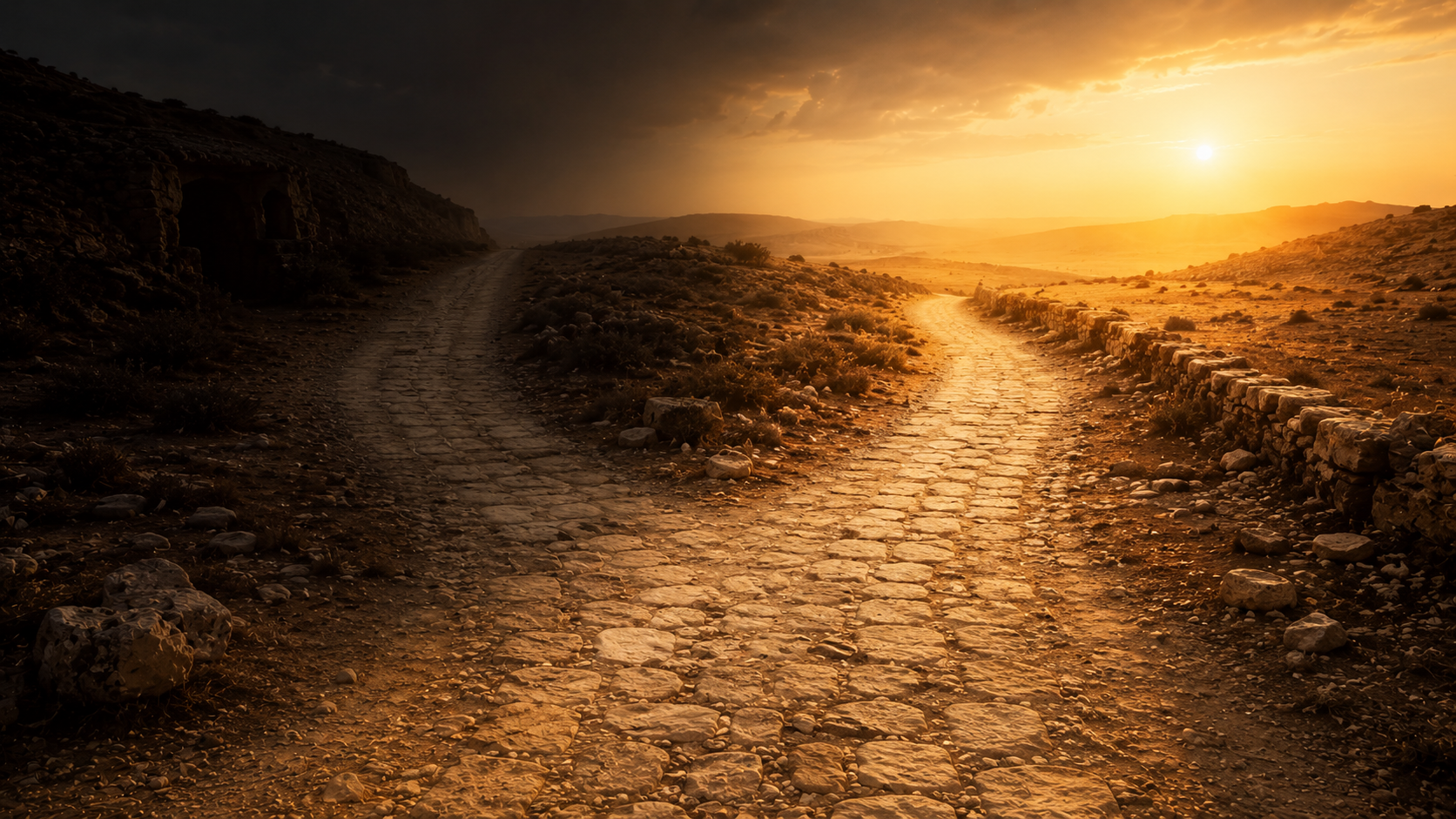 Two diverging paths at dawn, one toward shadow and one toward light, evoking the two masters of Romans 6:16