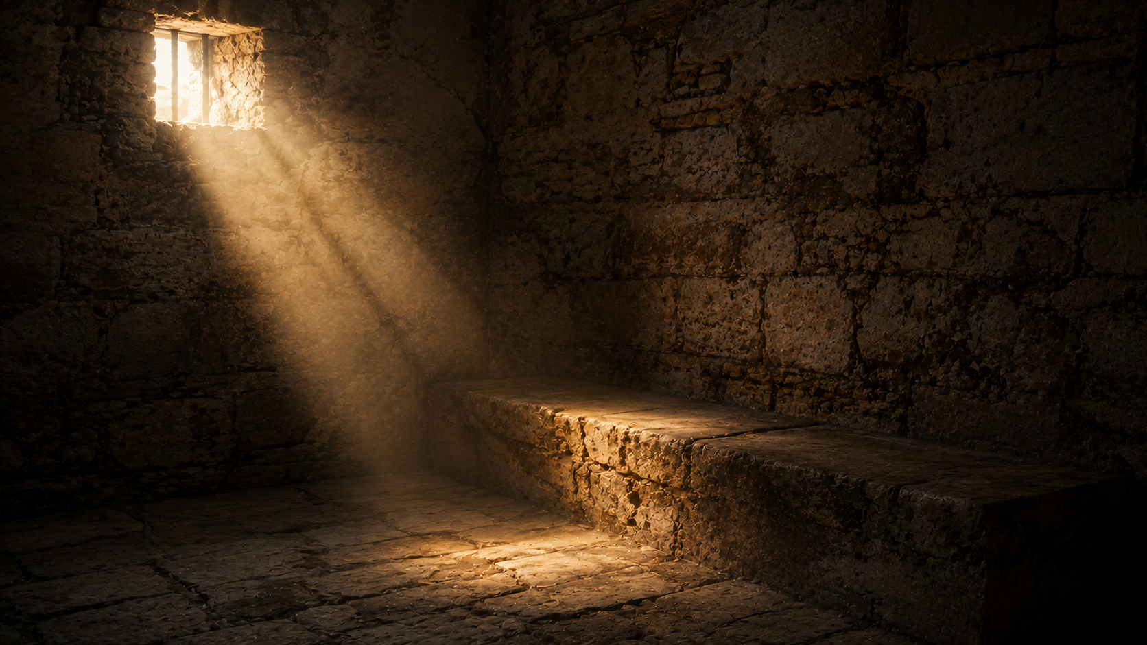 An ancient stone interior with a beam of light through a barred window, evoking the agonized *I* of Romans 7:14-25 and the cry for deliverance
