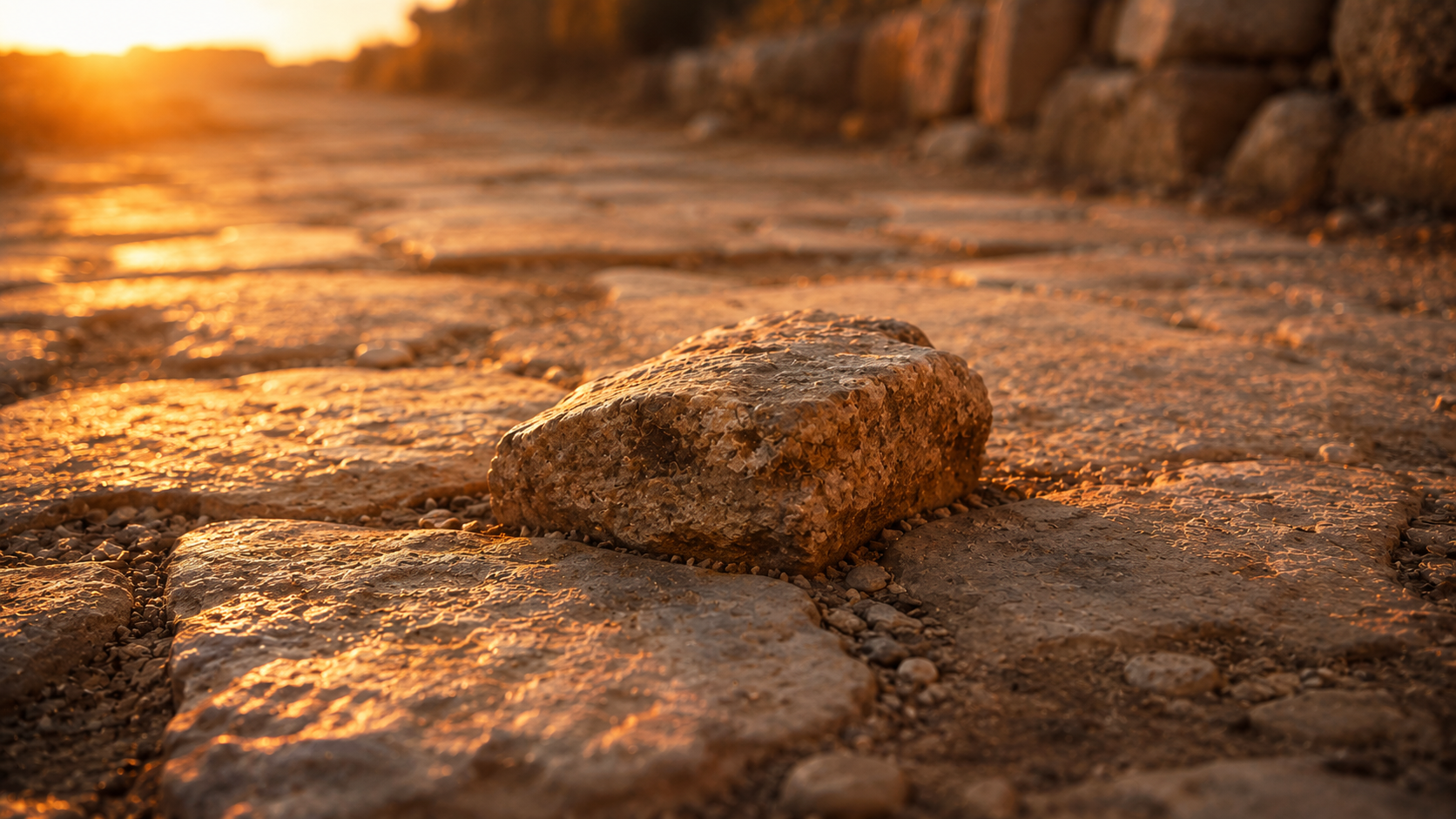 A weathered stone in the middle of an ancient path at golden hour, evoking the stumbling stone in Zion at Romans 9:33