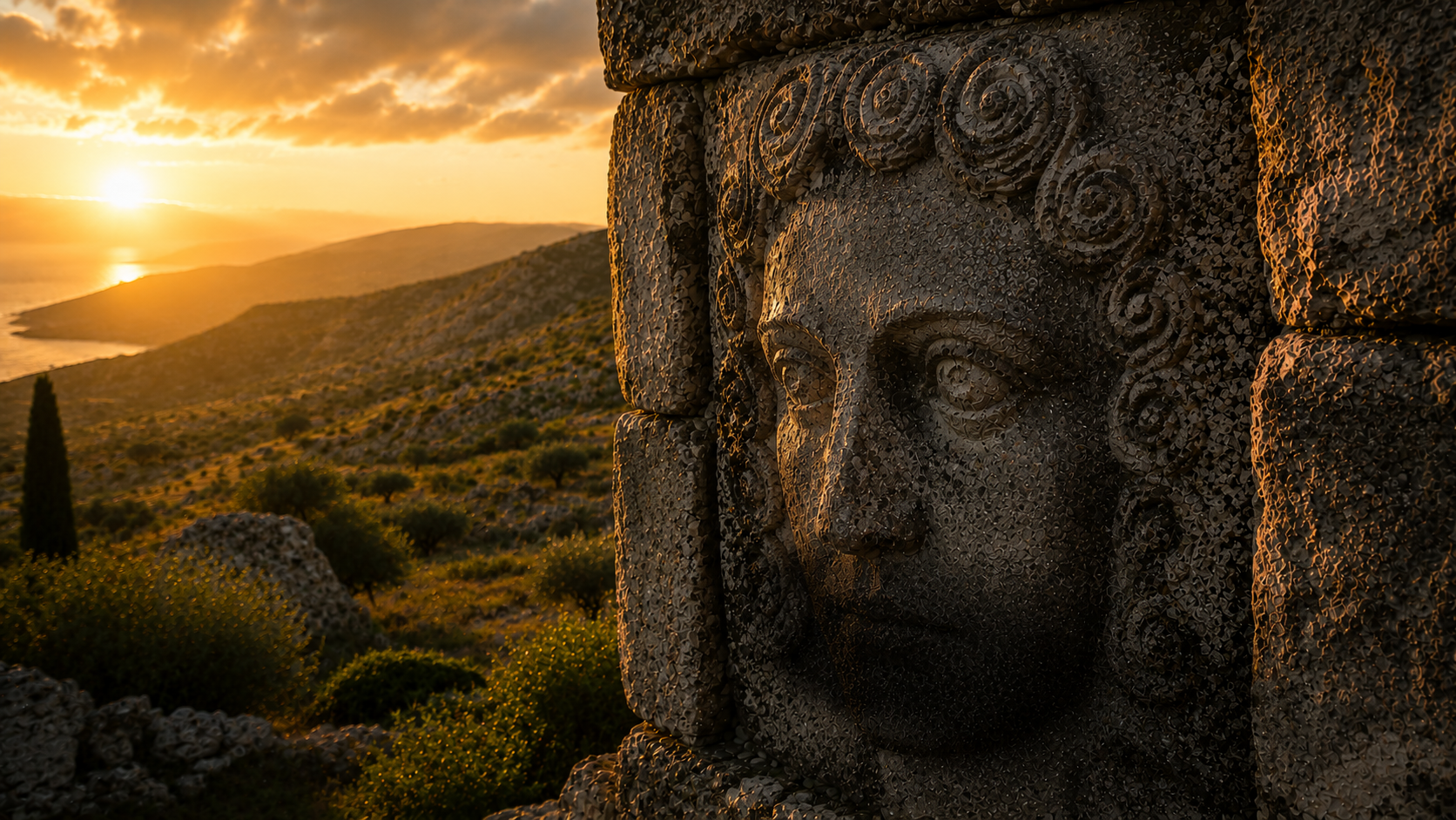 A worn ancient stone wall with the faint silhouette of a single weathered archaic Greek carved face in low relief on a Cretan hillside at golden hour, the mouth in shadow, evoking the Cretan prophet Epimenides quoted in Titus 1:12-13