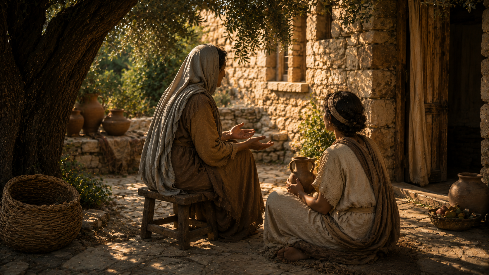 Two faceless women in a 1st-century Cretan stone courtyard at late afternoon, an older woman in a mantle gesturing in instruction toward a younger woman in linen seated on the floor with a clay pitcher, an olive tree shading them, evoking the older women teaching the younger in Titus 2:3-5