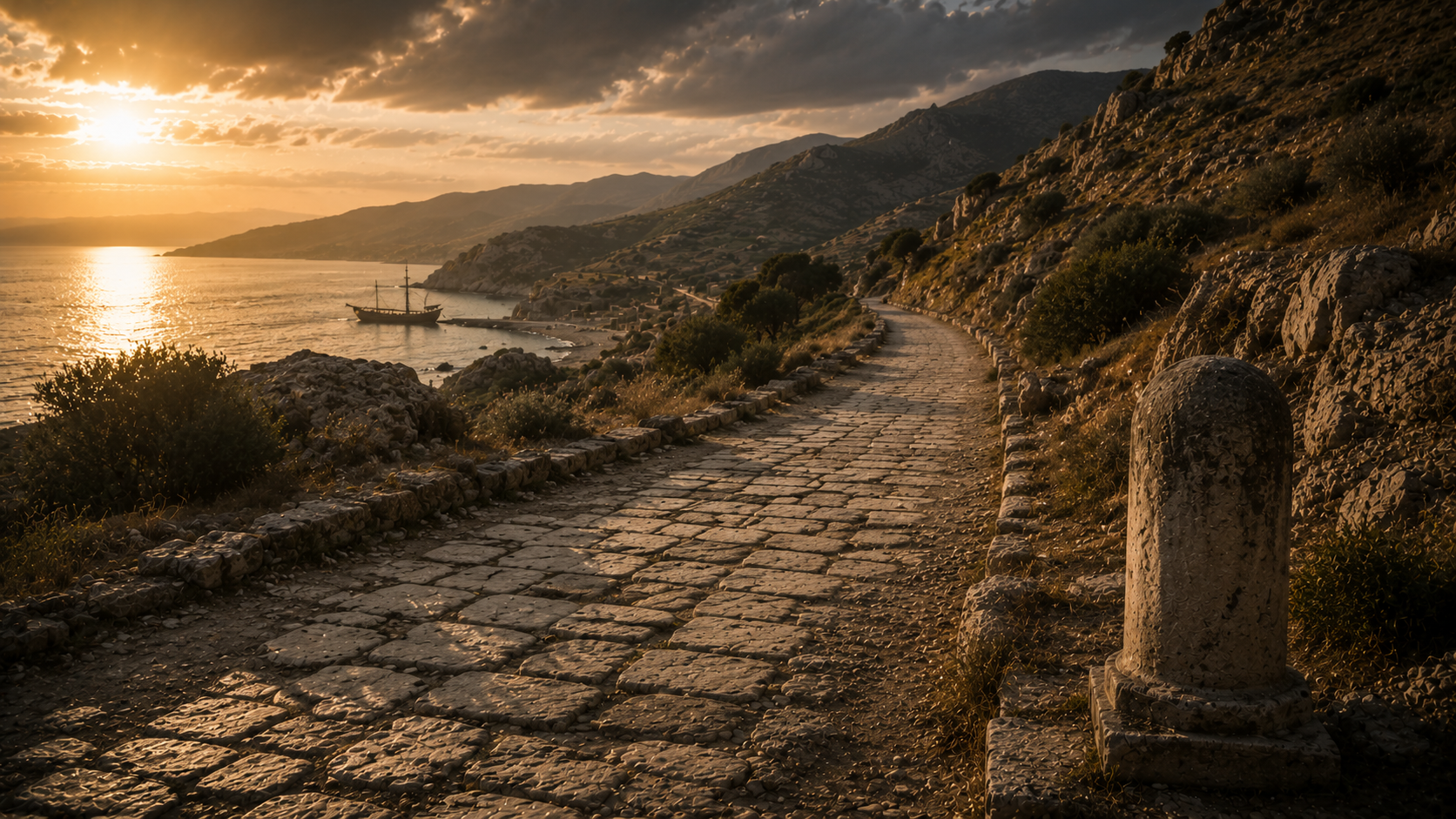An ancient Roman stone-paved road leading away from the Cretan coastline at late afternoon with a Roman milestone marker, the Mediterranean and a trade-ship visible in the distance, evoking Titus's recall from Crete to Nicopolis in Titus 3:12