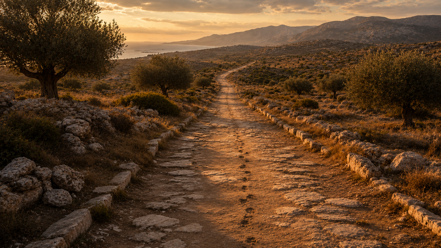A dusty stone-paved Roman provincial road winding through the Cretan landscape at late afternoon with scattered olive trees and low hills, evoking Titus's delegate mission across the island's cities