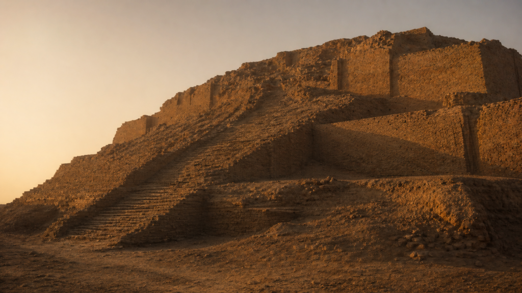 A weathered ancient Mesopotamian ziggurat at golden hour, illustrating the cosmic-temple cosmology of Genesis 1