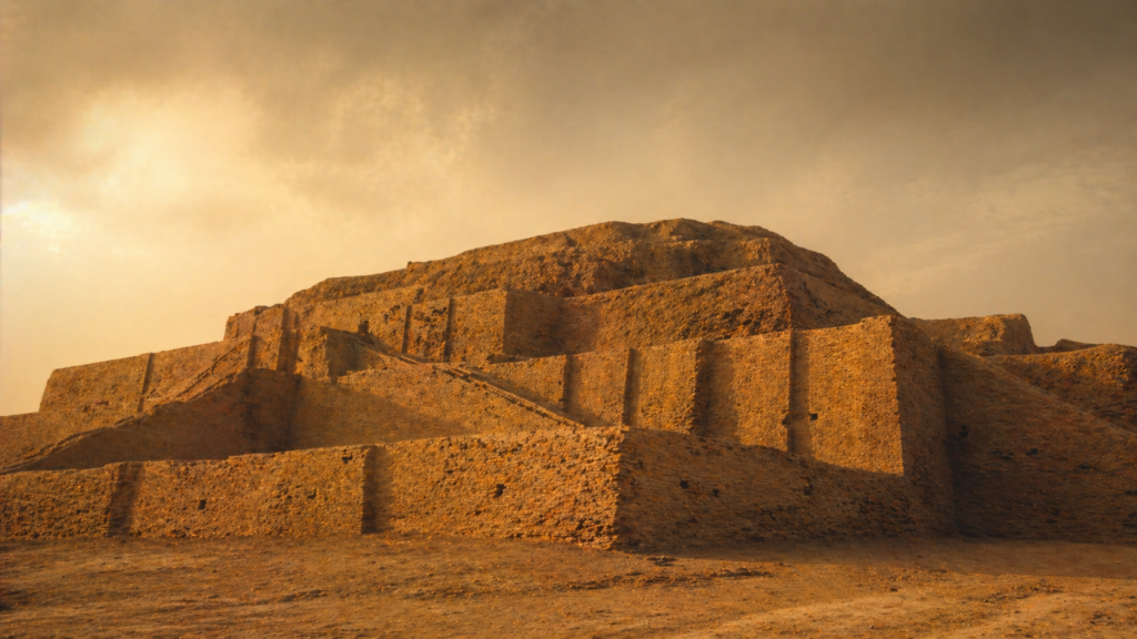An excavated Mesopotamian ziggurat seen from below, illustrating the kind of structure the Tower of Babel narrative describes