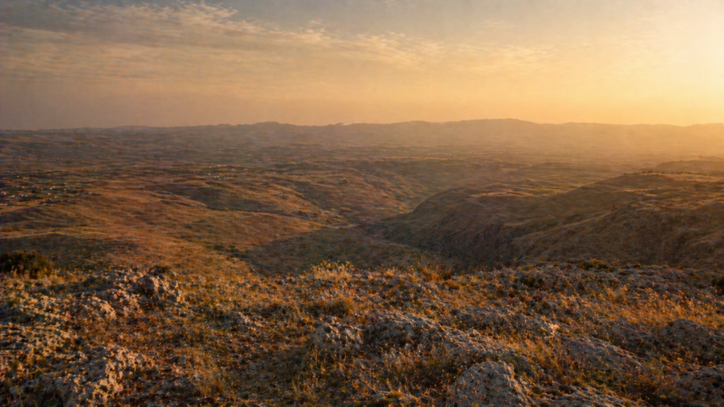 A high vantage point in the central highlands of the ancient Levant, looking out over the Jordan rift valley